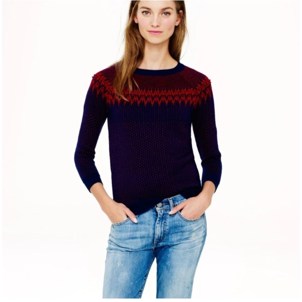 J.Crew Fair Isle Merino Wool Sweater Textured Raised Yoke Blue Red Small
